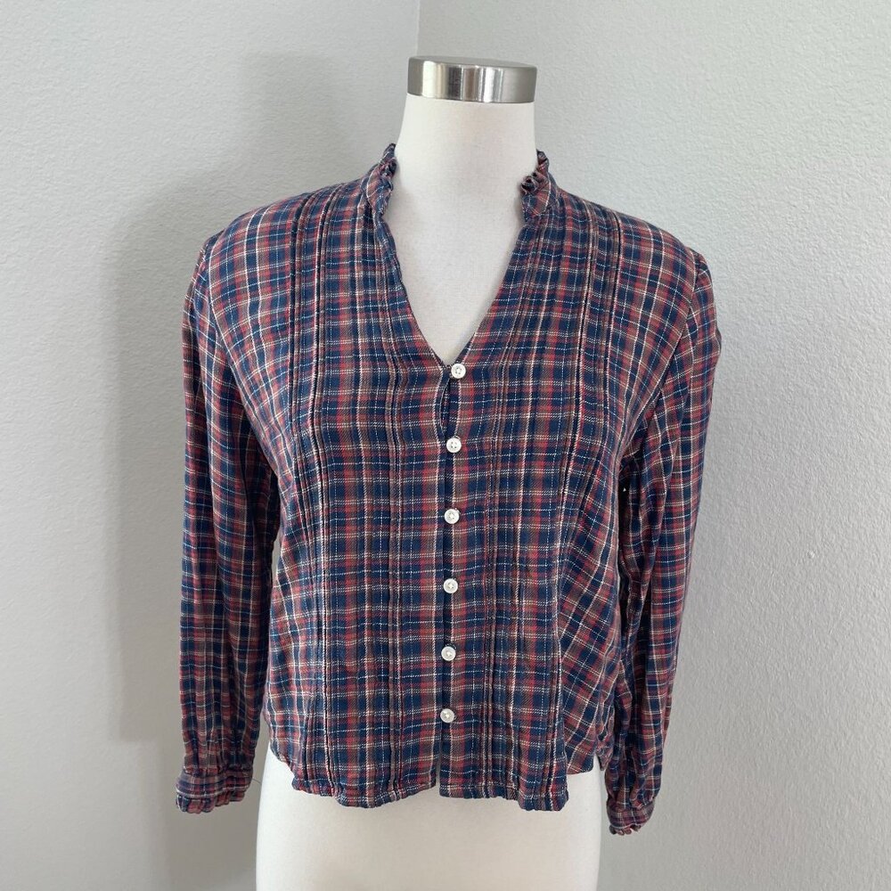 Trovata Birds Of Paradis Womens XS Plaid Button Up Shirt Long Sleeve Ruffle Neck